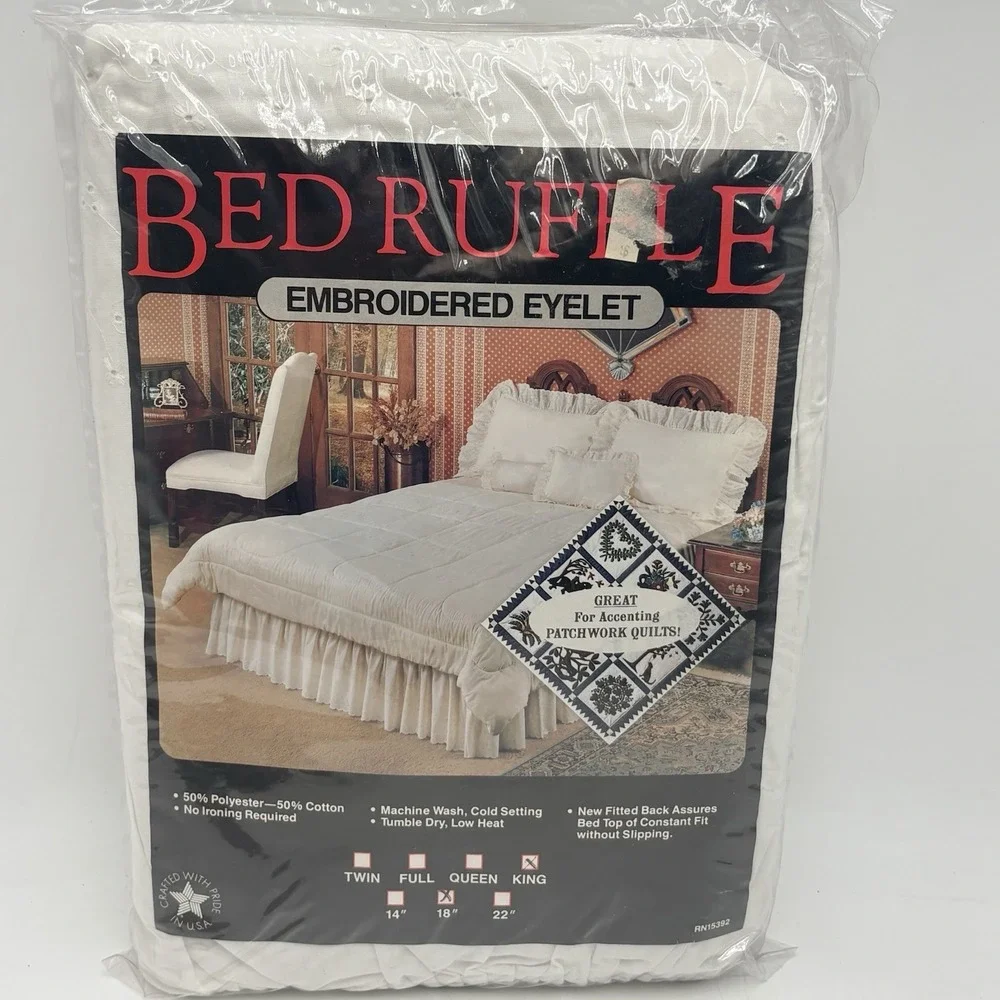 VTG White Eyelet Lace Ruffle Cotton Blend Bedskirt King 18